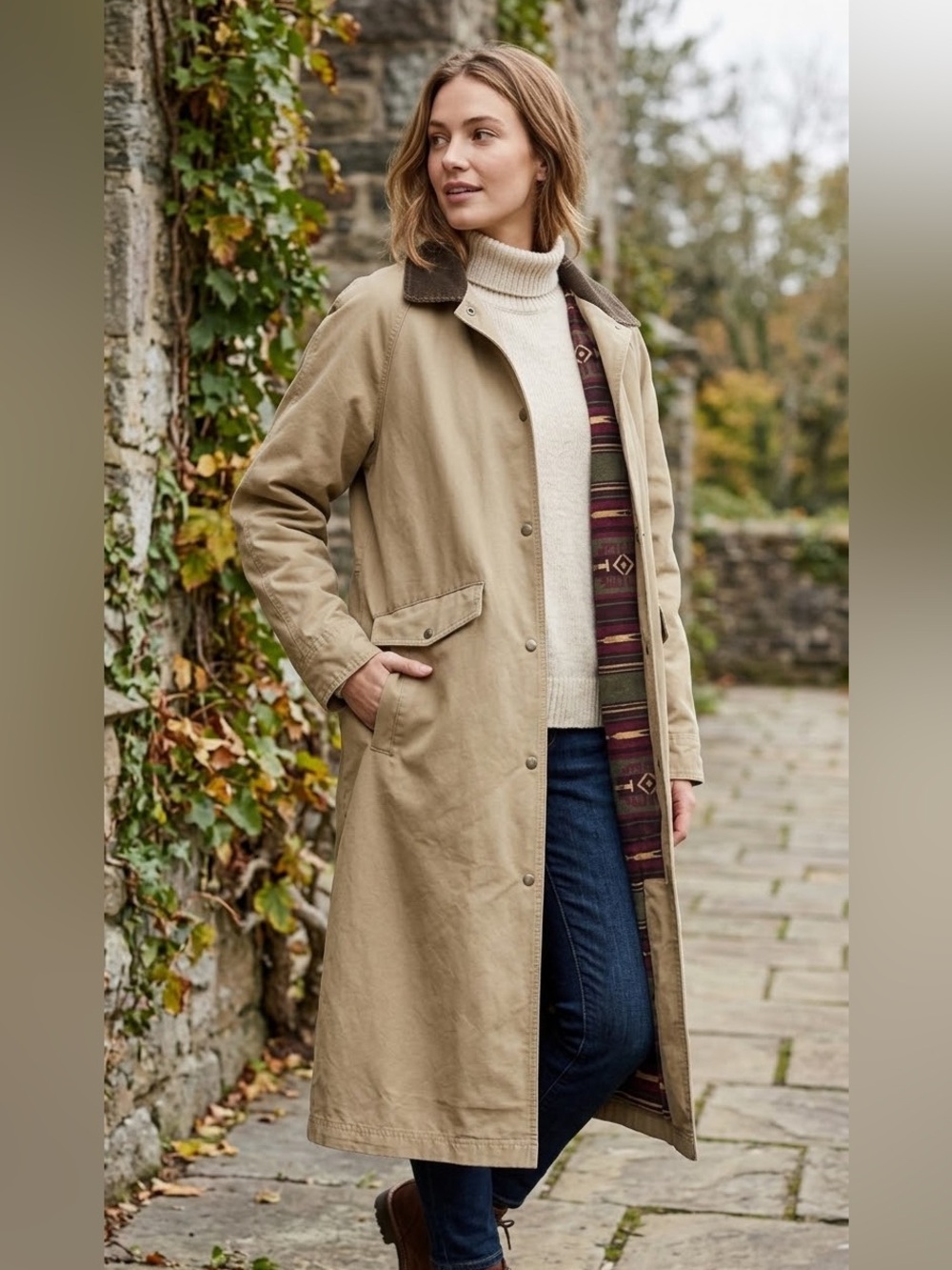 Vintage L.L. Bean Duster Field Coat Southwestern Aztec Flannel Lined Tan Medium